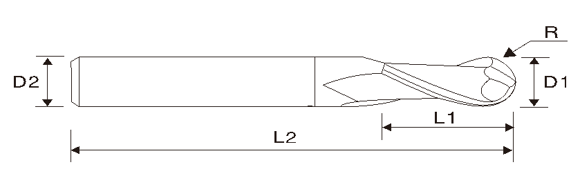 Сферическая концевая фреза ( два зубья, спираль 37°, удлинённая, EMA06)